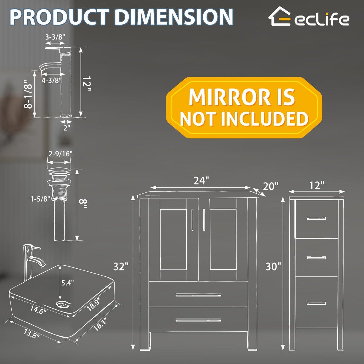 eclife 60" Modern Bathroom Vanity Sink Combo Gray W/Small Side Cabinet White Rectangle Ceramic Vessel Sink & Water Save Faucet & Pop Up Drain (2T03) eclife