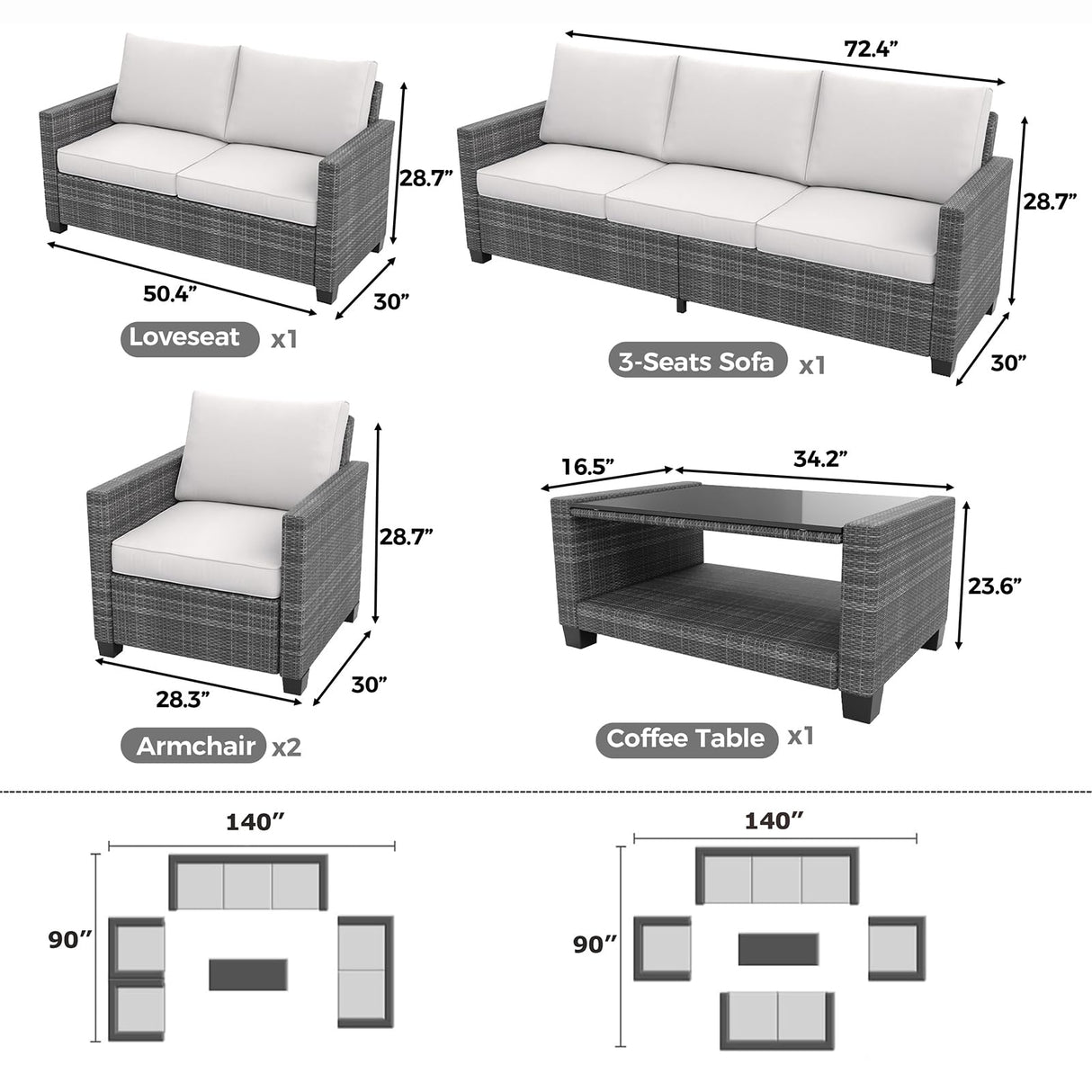 GarveeLife 5 Pieces Patio Furniture Set, 7-Seater Rattan Wicker Patio Conversation Sets with Coffee Table, Outdoor Sectional Patio Sofa Set, Grey Rattan and Grey Cushions GarveeLife