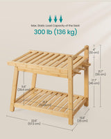 SONGMICS Bamboo Shower Bench with Storage Shelf, Shower Chair, Water Resistant Shower Stool with Handle and Hooks, Shower Head Holder, Non-Slip Feet, for Bathroom, Adults, Natural Beige UBCB121N01 SONGMICS