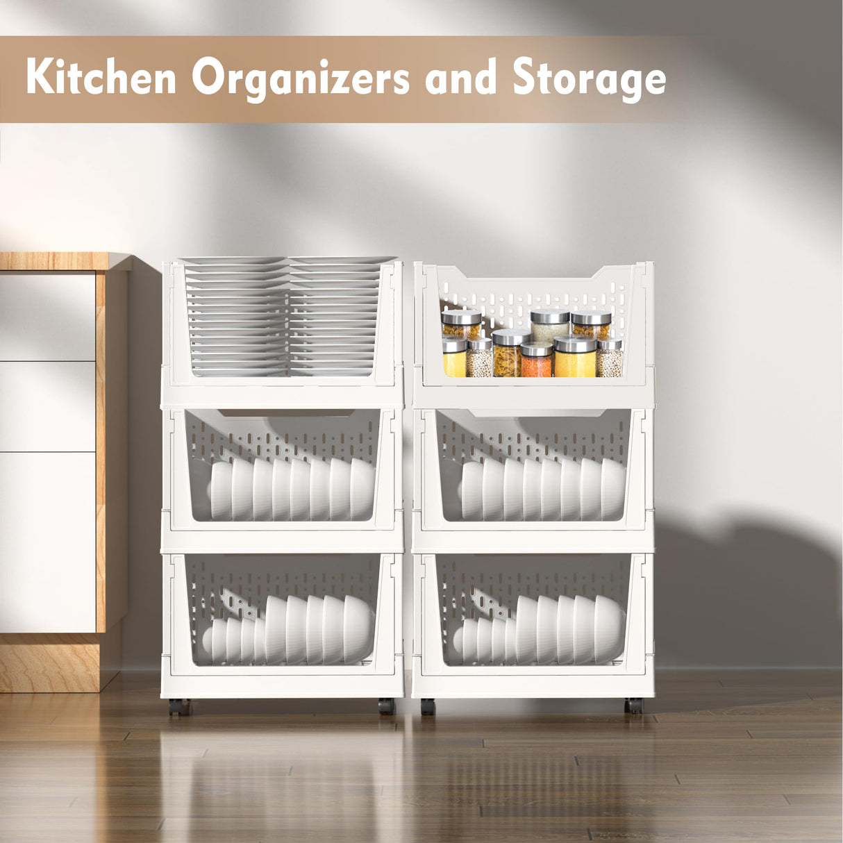 Stackable Plastic Storage Basket, 3 Pack Foldable Closet Organizers and Storage Bins with Wheels, Collapsible Drawer Shelf Storage Box Container for Office Bedroom Closet Wardrobe Kitchen Bathroom BUZIFU