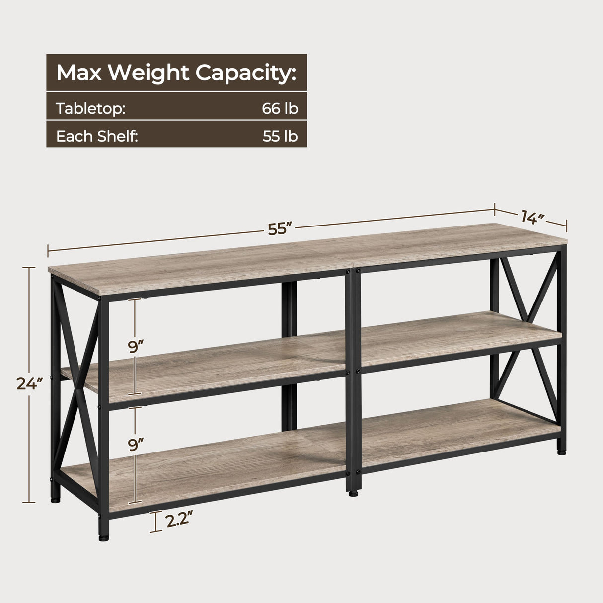 Yaheetech Console Table Behind Couch, Narrow Long 3-Tier Entryway Table with Metal Frame, Industrial Wood Foyer Table for Hallway, 55 Inch, Gray Yaheetech