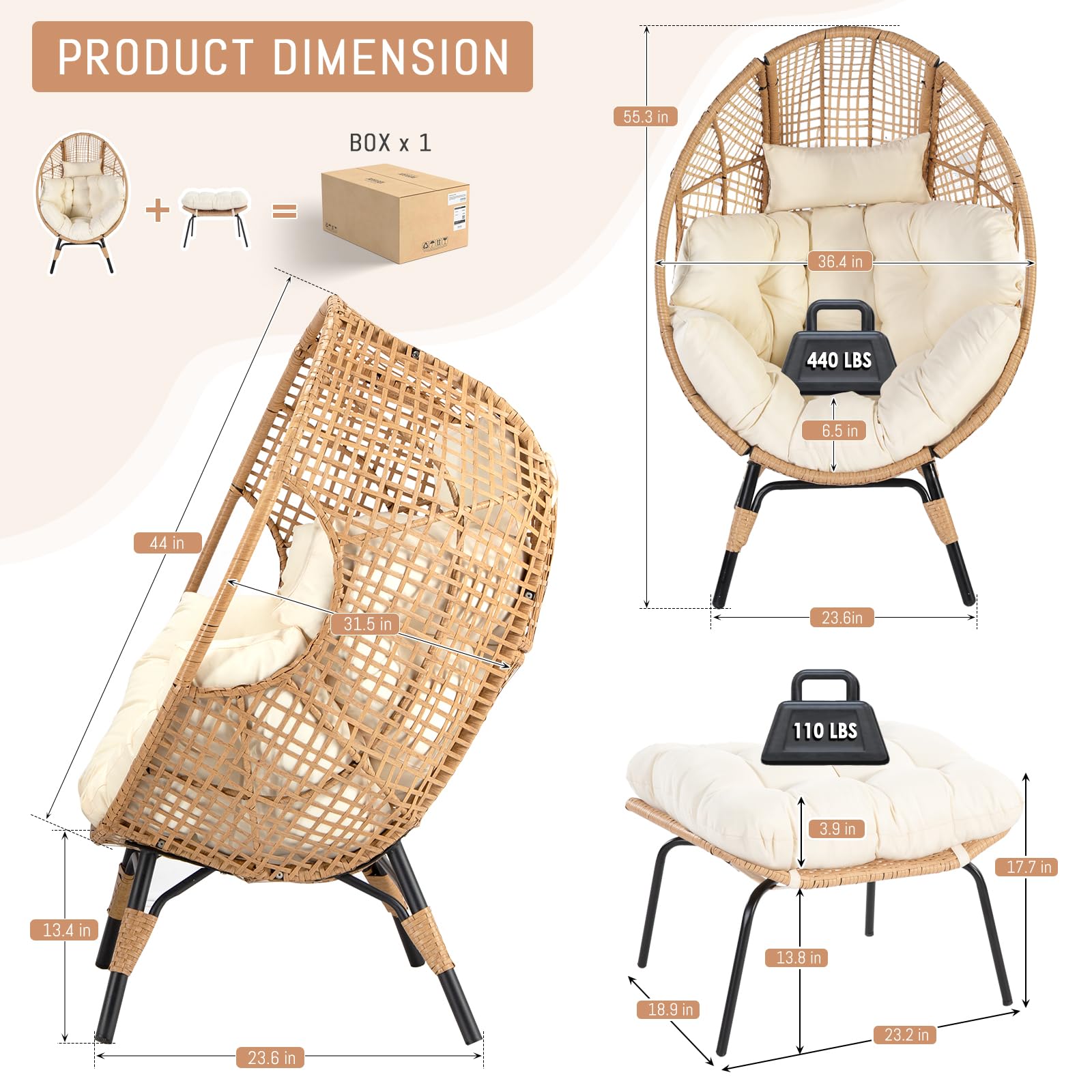 OUTPLATIO 2 Pieces Egg Chair Wicker Patio Egg Chair with Ottoman Rattan Teardrop Cuddle Cocoon Chair for Indoor Outdoor Bedroom Porch Backyard Deck Garden (2 pcs,Beige) - WoodArtSupply