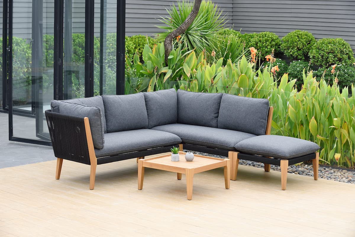 Amazonia Kentucky 5 Piece Patio Sectional Set | Teak Finish and Weather Resistant Black Cushions| Durable and Ideal Outdoors - WoodArtSupply