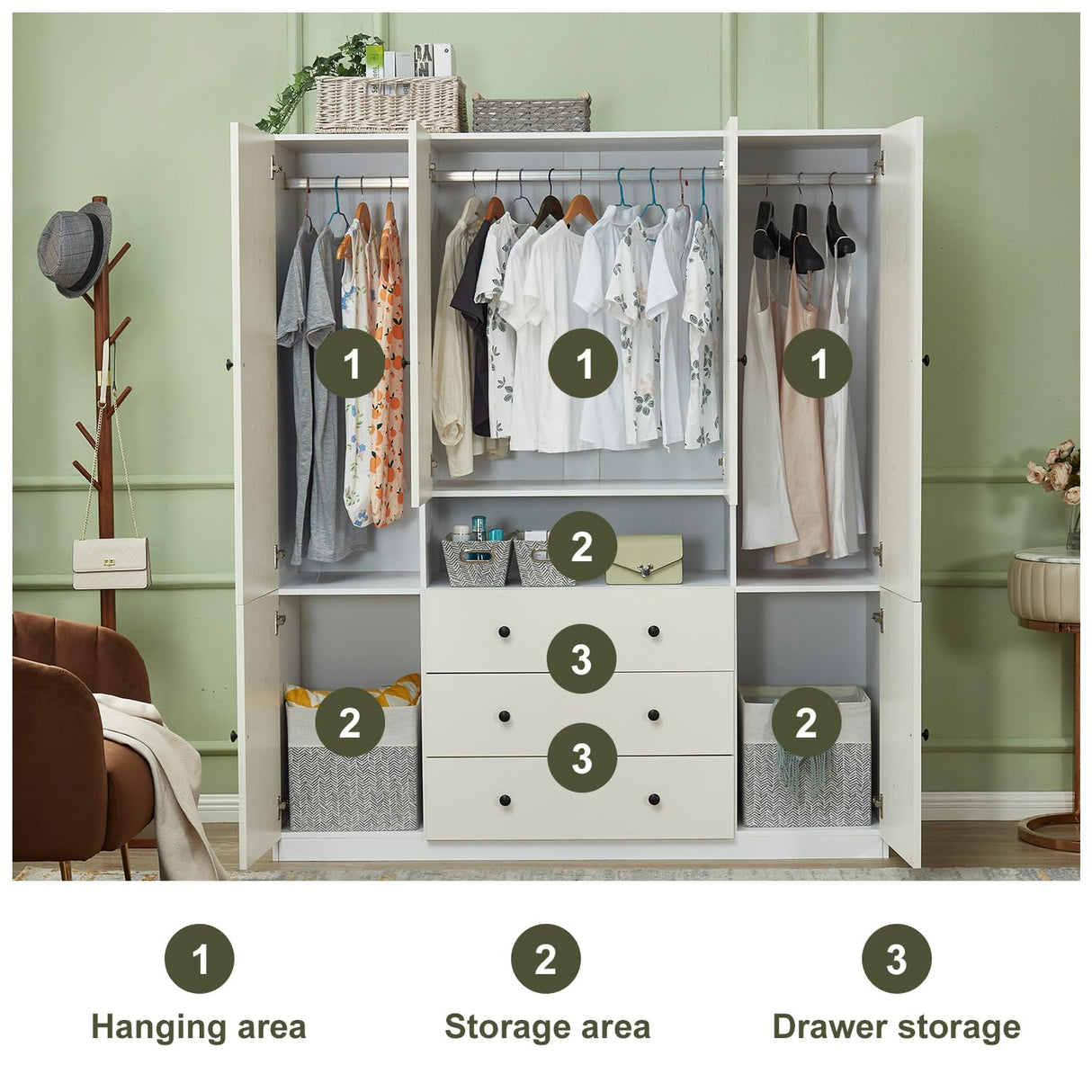 Sophshelter 4 Door White Armoire Wardrobe Closet Cabinet, Wooden 3 Drawers Tall Cabinet Closet for Large Capacity, Storage Cabinet Large Storage Cabinet with 5 Hanging Rod 63" L x 20.3" W x 72" H Sophshelter