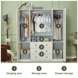 Sophshelter 4 Door White Armoire Wardrobe Closet Cabinet, Wooden 3 Drawers Tall Cabinet Closet for Large Capacity, Storage Cabinet Large Storage Cabinet with 5 Hanging Rod 63" L x 20.3" W x 72" H Sophshelter
