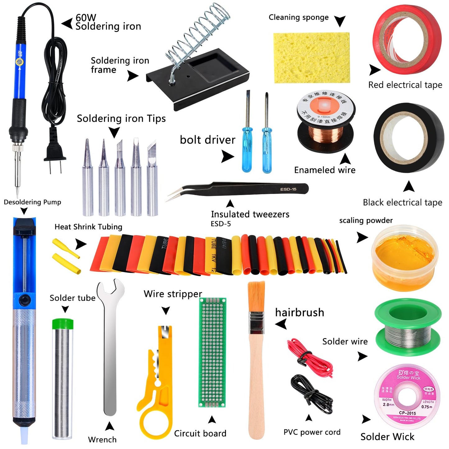 Soldering Iron Kit, 60W 110V Soldering Iron Adjustable Temperature, Desoldering Pump, 5 Solder Tips, Solder Wire, Stand, Solder Wick.