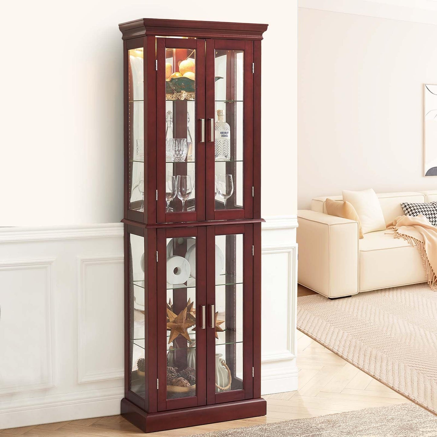 Curio Cabinet Wooden Display Cabinet,Curio Cabinet with Adjustable Glass Shelves Vintage, Lighted Curio Diapaly Cabinet,Vintage Accent Storage Cabinet with 6 Shelves,70" Curio Cabinet(Cherry) - WoodArtSupply