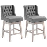 HOMCOM Counter Height Bar Stools Set of 2, 180 Degree Swivel Barstools, 27" Seat Height Bar Chairs with Solid Wood Footrests and Button Tufted Design, Gray HOMCOM