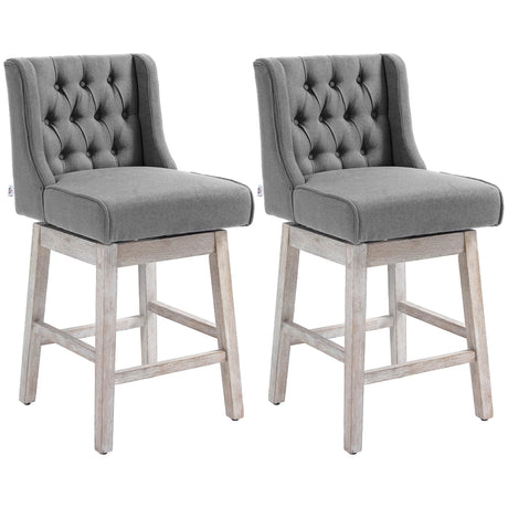HOMCOM Counter Height Bar Stools Set of 2, 180 Degree Swivel Barstools, 27" Seat Height Bar Chairs with Solid Wood Footrests and Button Tufted Design, Gray HOMCOM