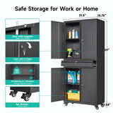 Metal Garage Storage Cabinet with Wheels and Drawer,73" Tall Black Rolling Garage Cabinet with Locking Doors and Adjustable Shelves,Mobile Metal Storage Cabinets on Wheels for Home,Office,Garages,Tool SISESOL