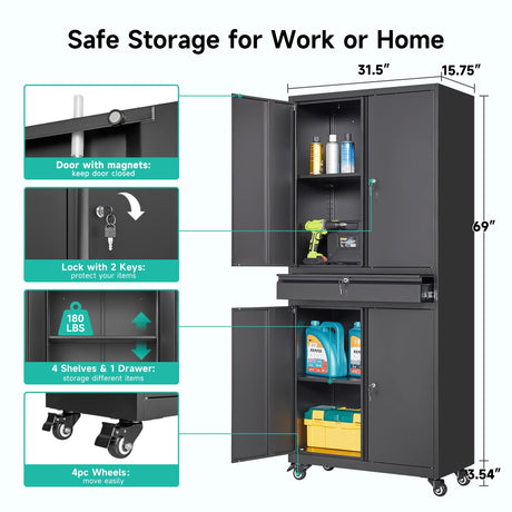 Metal Garage Storage Cabinet with Wheels and Drawer,73" Tall Black Rolling Garage Cabinet with Locking Doors and Adjustable Shelves,Mobile Metal Storage Cabinets on Wheels for Home,Office,Garages,Tool SISESOL