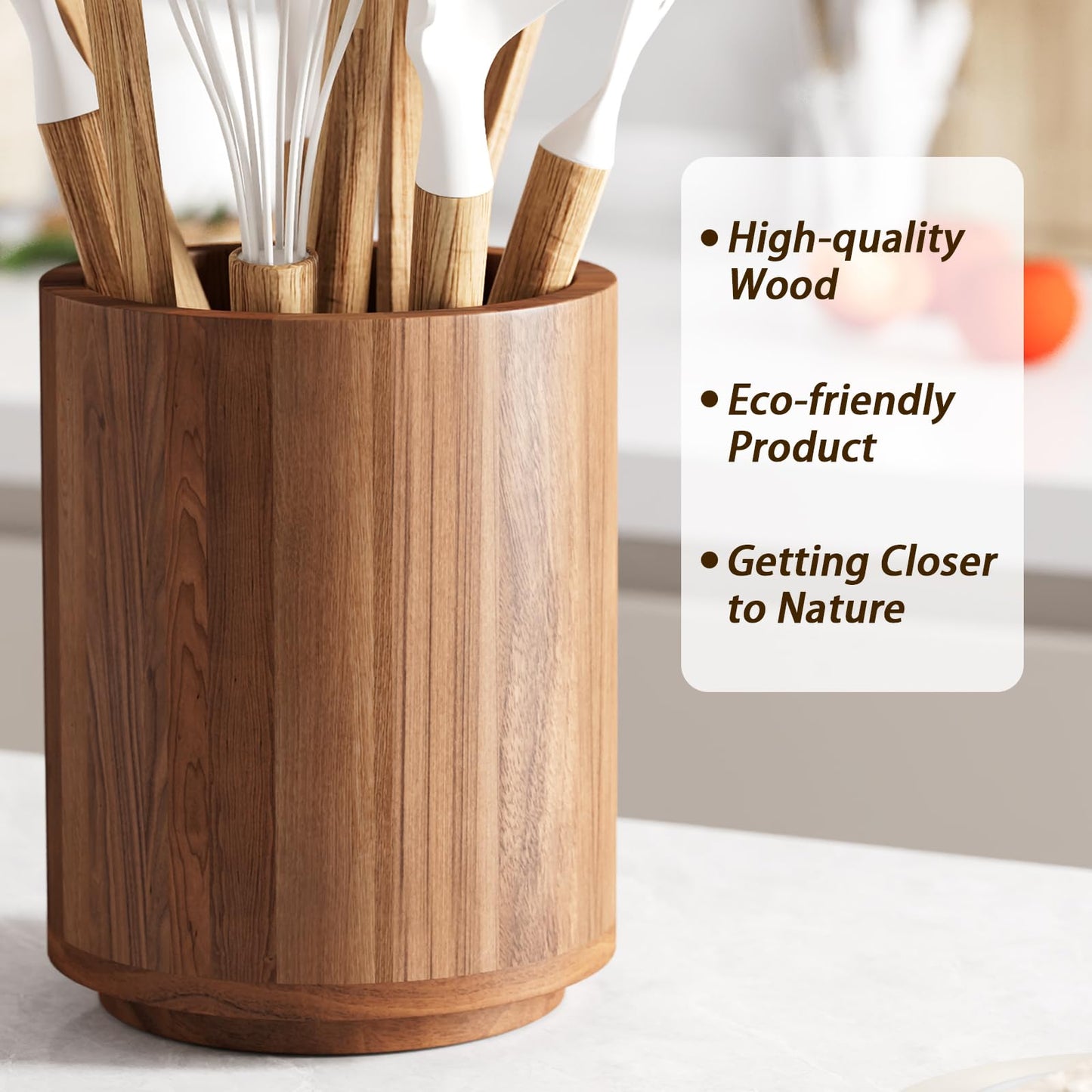 WDT Tool 7.2" Utensil Holder for Kitchen Counter Large Round Utensils Holder with Wooden Base Matte Black Cooking Utensil Holder，Kitchen Countertop Utensil Organizer (Rotating+Wooden)