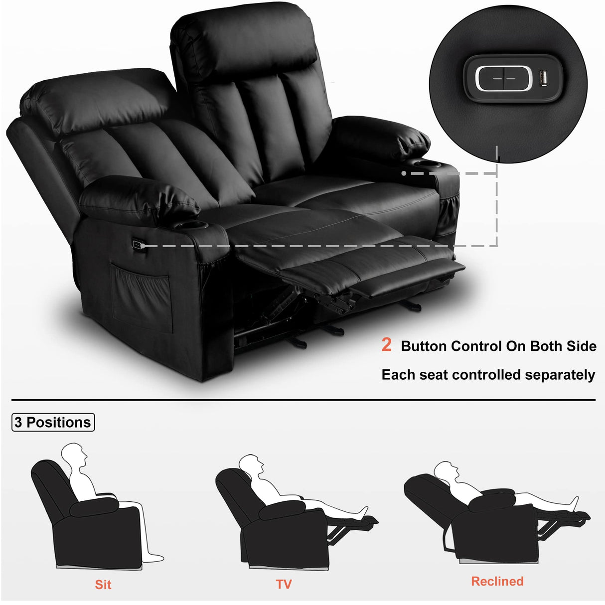 MCombo Power Loveseat Recliner, Electric Reclining Loveseat Sofa with Heat and Vibration, Cup Holders, USB Charge Port for Living Room 6075 Faux Leather (Loveseat Recliner, Black) MCombo