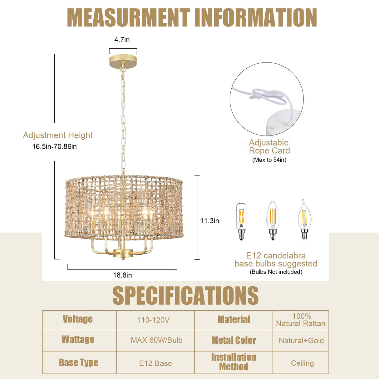Rattan Woven Boho Chandelier Light Fixture for Dining Room 5 Light, 18.8'' Gold Hand Woven Drum Wicker Light Fixture Ceiling Hanging, Coastal Rattan Pendant Light for Living Room Entryway Bedroom Xurihuihuang