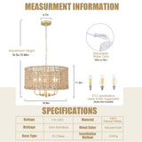 Rattan Woven Boho Chandelier Light Fixture for Dining Room 5 Light, 18.8'' Gold Hand Woven Drum Wicker Light Fixture Ceiling Hanging, Coastal Rattan Pendant Light for Living Room Entryway Bedroom Xurihuihuang