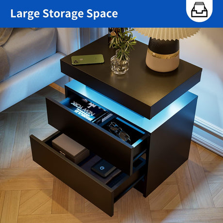 DobleCliCli LED End Table Set of 2, Modern Bedside Table with Storage, 20.5" Tall End Tables Bedroom Set of 2 with 2 Drawers, LED Furniture for Bedroom, Living Room, and Playroom, Black DobleCliCli