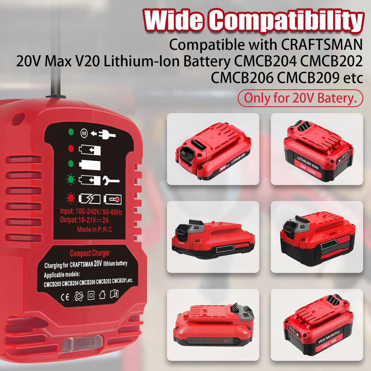 Laimiao Replacement Mini Charger for Craftsman 20V Battery,Compatible with Craftsman V20 Lithium Battery CMCB204 CMCB202 CMCB201 CMCB209 CMCB205 (Only for V20 Series，Battery Not Included) Laimiao
