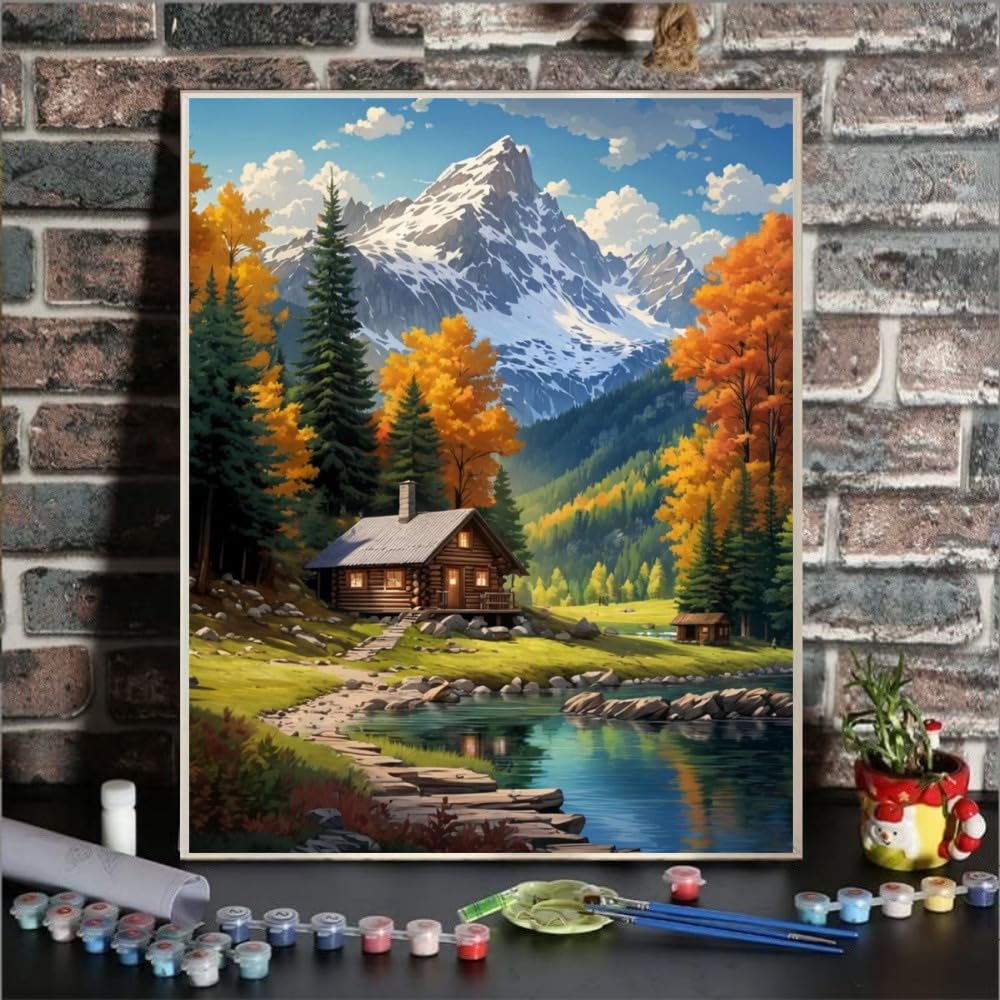 Mountain Paint By Numbers Kit For Adults Beginner Cabin Adult Paint By Number Kits On Canvas Mountain Oil Painting Kit For Beginners Adults' Paint-By-Number Kits For Gift Home Wall Decor 16x20 Inch ldazao