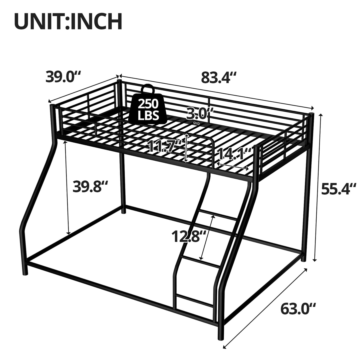 TURRIDU Twin XL Over Queen Bunk Bed, Heavy Duty Metal Bunk Bed Frame with Full-Length Guardrails & Ladders, Bedroom Bunk Bed for Teens, Adults, Noise Free, Black