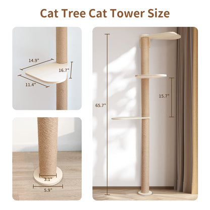 Wood Cat Tower Floor to Ceiling Adjustable, Tree Tall Cat Scratching Post, Cat Tree with 3-Tier Floor for Climb, Cat Climbing Tower Vertical with Natural Sisal Rope - WoodArtSupply