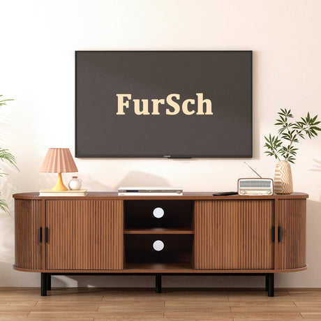 FurSch 62" Tambour Door TV Stand,Wood Mid Century Modern TV Cabinet for Up to 65“ TV,Curved Edge Long TV Stand with Storage for Bedroom Living Room (Walnut, 62.2inch) FurSch