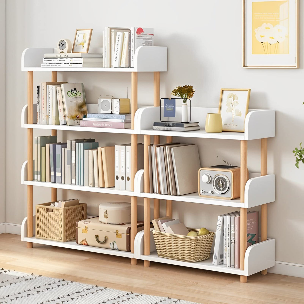 Modern 4-Tier Wooden Open Bookcase in Warm White - Versatile Freestanding Bookshelf with Solid Wood Frame and Side Panels OSCHF