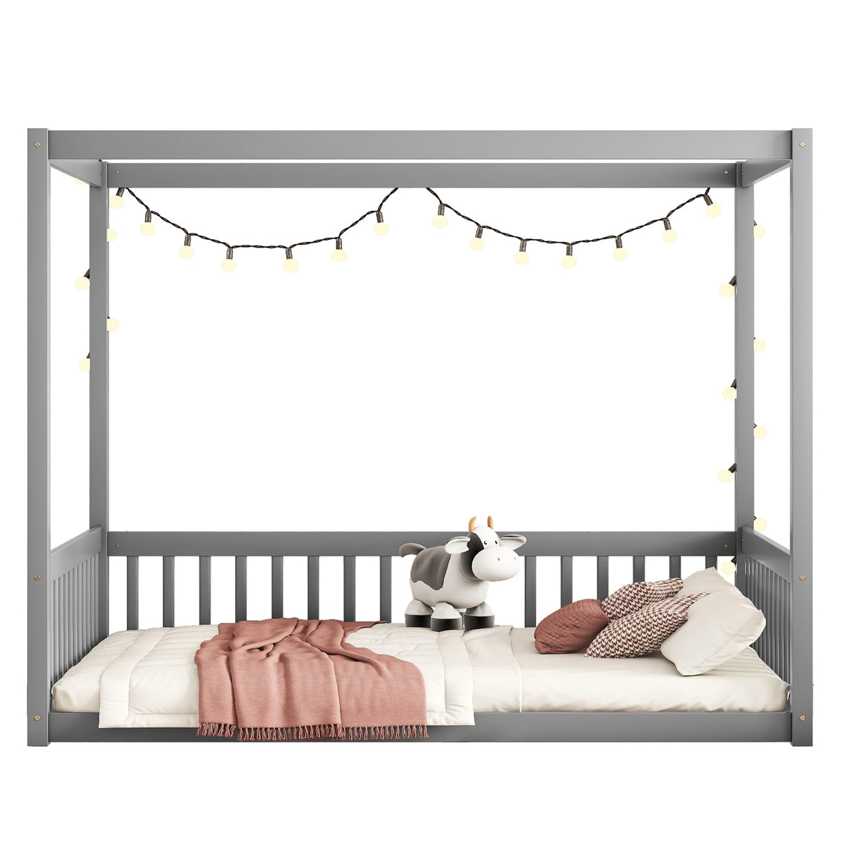 LOSTCAT Montessori Full Size Floor Bed with Canopy & Safety Rails in Grey LOSTCAT