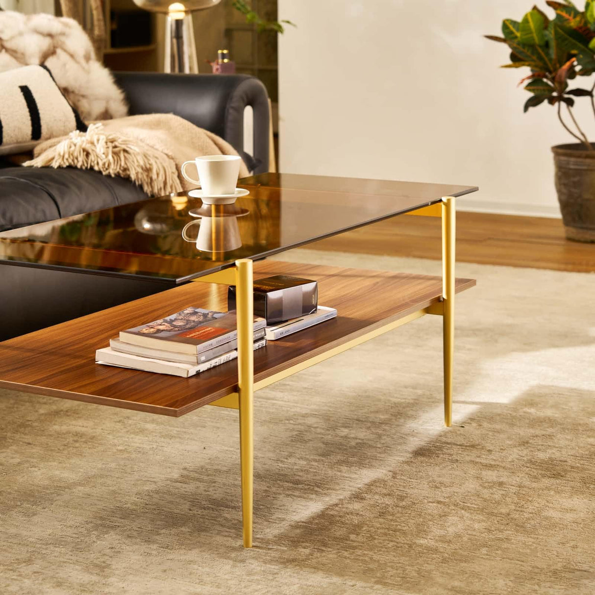 AGV LIGHTING 202206 Tadio Glass Coffee Table, Double Layer Coffee Table for Living Space, Gold Finish Frmae, Coffee Brown Glass Top & Walnut Brown Wood Top AGV LIGHTING