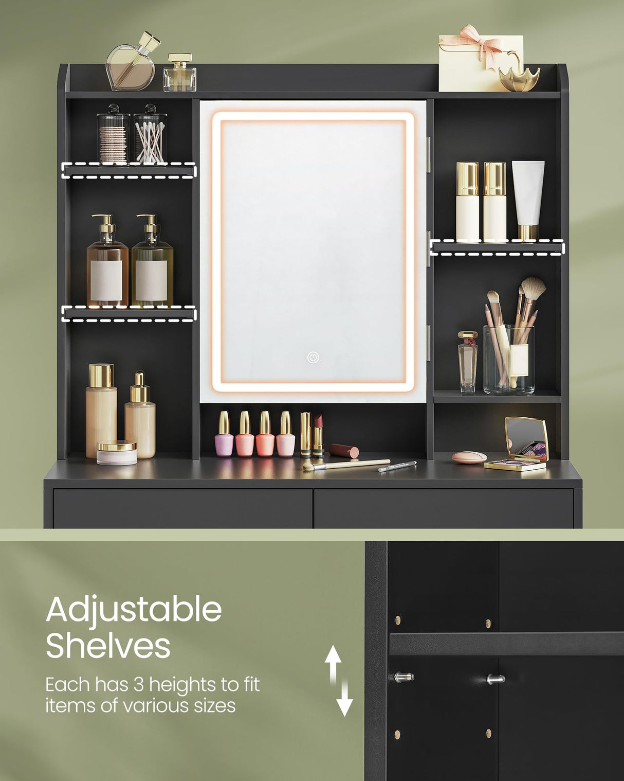 VASAGLE Vanity Desk with Mirror and Lights, Makeup Vanity with Upholstered Vanity Stool, Dimmable LED Lights, Adjustable Shelves, 7 Compartments, 2 Drawers, for Bedroom, Ink Black URDT131B01 VASAGLE