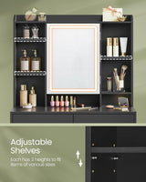 VASAGLE Vanity Desk with Mirror and Lights, Makeup Vanity with Upholstered Vanity Stool, Dimmable LED Lights, Adjustable Shelves, 7 Compartments, 2 Drawers, for Bedroom, Ink Black URDT131B01 VASAGLE
