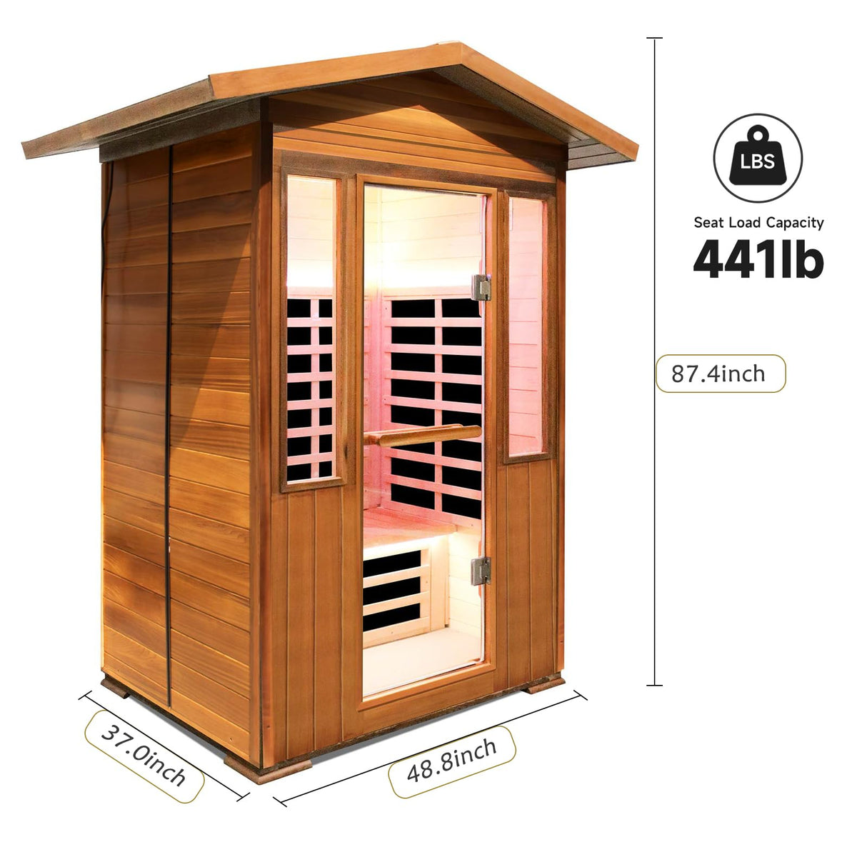 Outdoor Sauna 2 Person 1800W/110V Low EMF Dry Sauna Infrared Sauna for Home Inner Board Hemlock Wood/Outer Board Red Cedar, 8 Heating Panels with LCD Control Panel/Speaker and Tempered Glass Door HOSAUNA