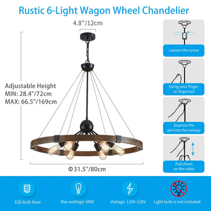 XINGQI 31.5" Wagon Wheel Chandeliers Large Modern Farmhouse Light Fixture, Black & Wood Grain Finish 6-Light for Dining Room Living Room Office