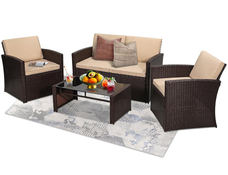 KROFEM 4 Pieces Patio Conversation Set, Outside Rattan Sectional Sofa, Cushioned Furniture Set, Wicker Sofa Ideal for Garden, Porch, Backyard, Brown Color Rattan and Beige Cushion KROFEM