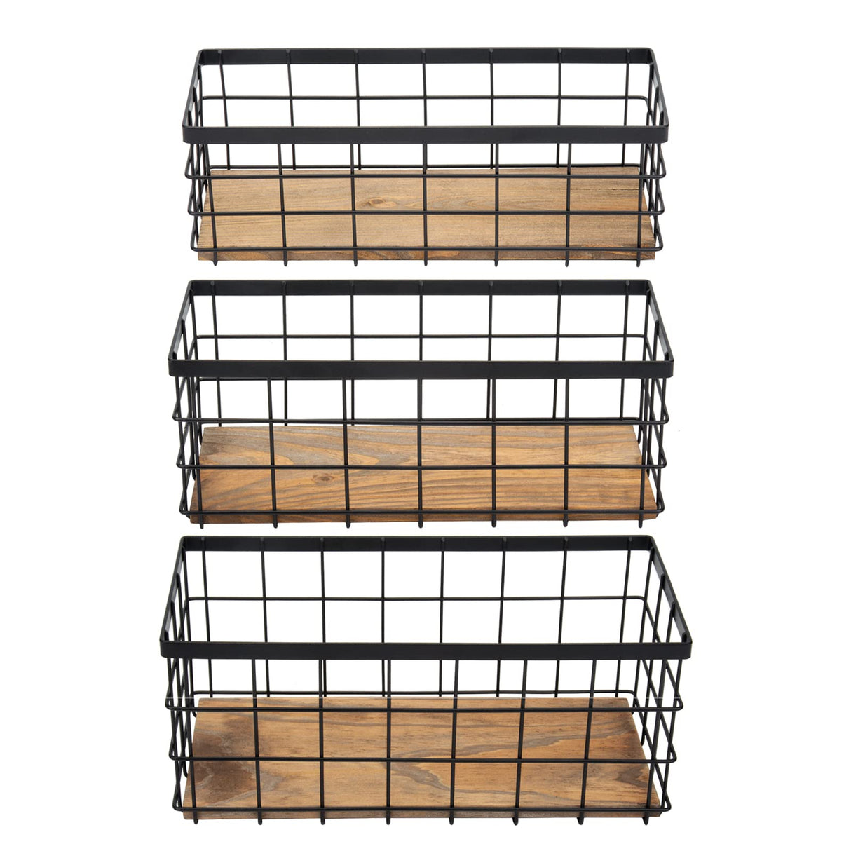 TIEYIPIN Farmhouse Decor Metal Wire Storage Baskets, Wood Base Containers Organizing Basket Caddy Bin for Kitchen Cabinets, Bathroom, Pantry, Garage, Laundry Room, Closets - Small - Black (Set of 3) TIEYIPIN