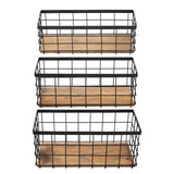TIEYIPIN Farmhouse Decor Metal Wire Storage Baskets, Wood Base Containers Organizing Basket Caddy Bin for Kitchen Cabinets, Bathroom, Pantry, Garage, Laundry Room, Closets - Small - Black (Set of 3) TIEYIPIN