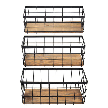 TIEYIPIN Farmhouse Decor Metal Wire Storage Baskets, Wood Base Containers Organizing Basket Caddy Bin for Kitchen Cabinets, Bathroom, Pantry, Garage, Laundry Room, Closets - Small - Black (Se - WoodArtSupply