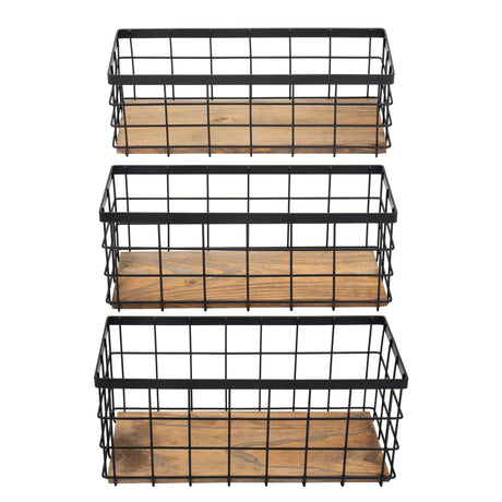 TIEYIPIN Farmhouse Decor Metal Wire Storage Baskets, Wood Base Containers Organizing Basket Caddy Bin for Kitchen Cabinets, Bathroom, Pantry, Garage, Laundry Room, Closets - Small - Black (Set of 3) TIEYIPIN