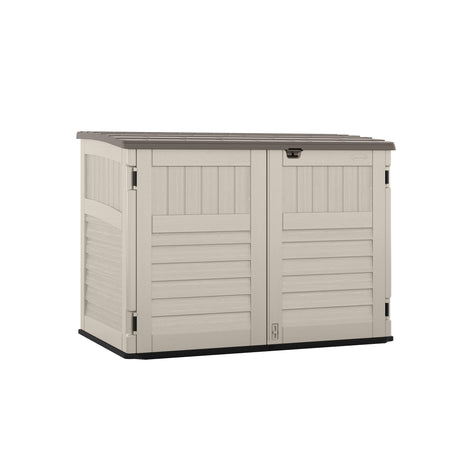 Suncast 5.9 ft. x 3.7 ft Horizontal Stow-Away Storage Shed - Natural Wood-Like Outdoor Storage for Trash Cans and Yard Tools - All-Weather Resin, Hinged Lid, Reinforced Floor - Made in The USA Suncast