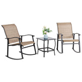 Vongrasig 3 Piece Outdoor Rocking Bistro Set, Textilene Fabric Small Patio Furniture Set, Front Porch Rocker Chairs Conversation Set with Glass Table for Lawn, Garden, Balcony, Poolside (Brown) Vongrasig