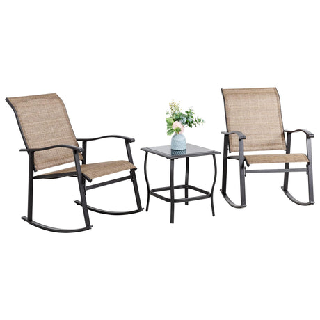 Vongrasig 3 Piece Outdoor Rocking Bistro Set, Textilene Fabric Small Patio Furniture Set, Front Porch Rocker Chairs Conversation Set with Glass Table for Lawn, Garden, Balcony, Poolside (Brown) Vongrasig