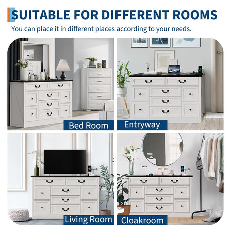 Garvee 9 Drawers Dresser with Charging Station, 55" Wide Chest of Drawers,Farmhouse Dresser with Metal Handle,Large Storage Dressers Organizer for Bedroom,Living Room,Hallway and Dining Room,Black Garvee