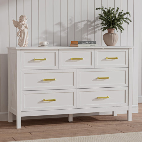 LYNSOM Farmhouse 7 Drawers Dresser for Bedroom, Wood Rustic Wide Chest of Drawers with Deep Drawers, Metal Handle, Storage Dressers Organizer for Entryway, Hallway, White LYNSOM