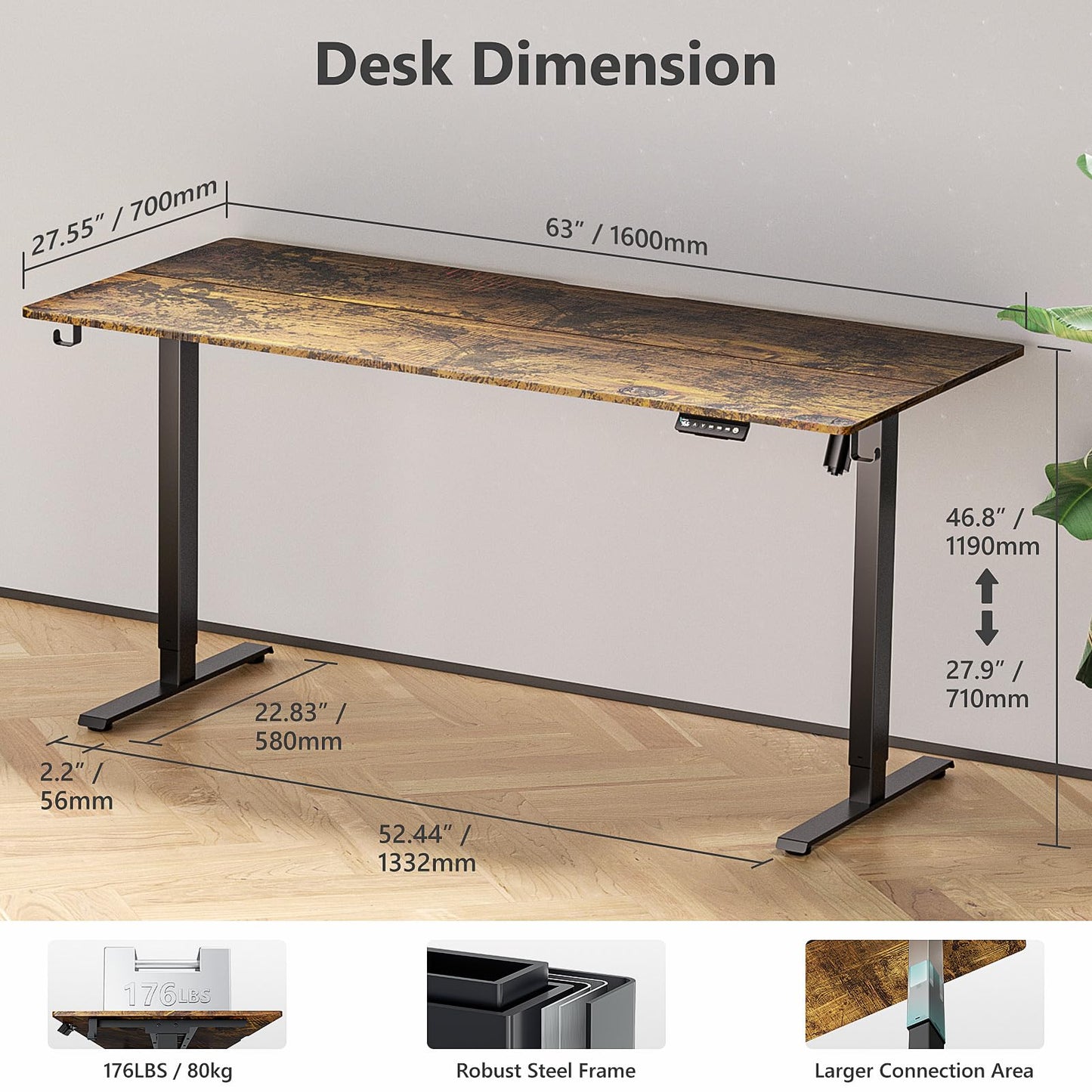 VVENACE 63 x 28 Electric Standing Desk Adjustable Height 4 Memory Preset, 4 Wheels, 2 Headphone Hook, Home Office Desk, Stand Up Sit Stand Desk Computer Table, Splice Board Rustic Brown