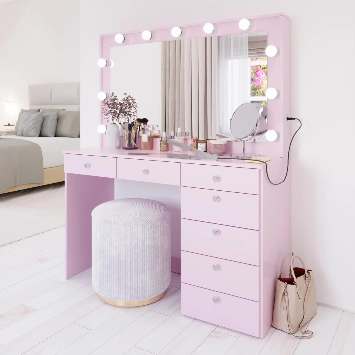 Boahaus Diana Large Makeup Vanity Desk w/Mirror, Hollywood Lights, 7 Drawers, USB Type-C & Type-A, Power Outlet, Hair Dryer Holder, Crystal Knobs, Modern Premium Vanity Desk for Teens, Adults - Pink Boahaus