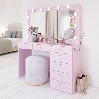 Boahaus Diana Large Makeup Vanity Desk w/Mirror, Hollywood Lights, 7 Drawers, USB Type-C & Type-A, Power Outlet, Hair Dryer Holder, Crystal Knobs, Modern Premium Vanity Desk for Teens, Adults - Pink