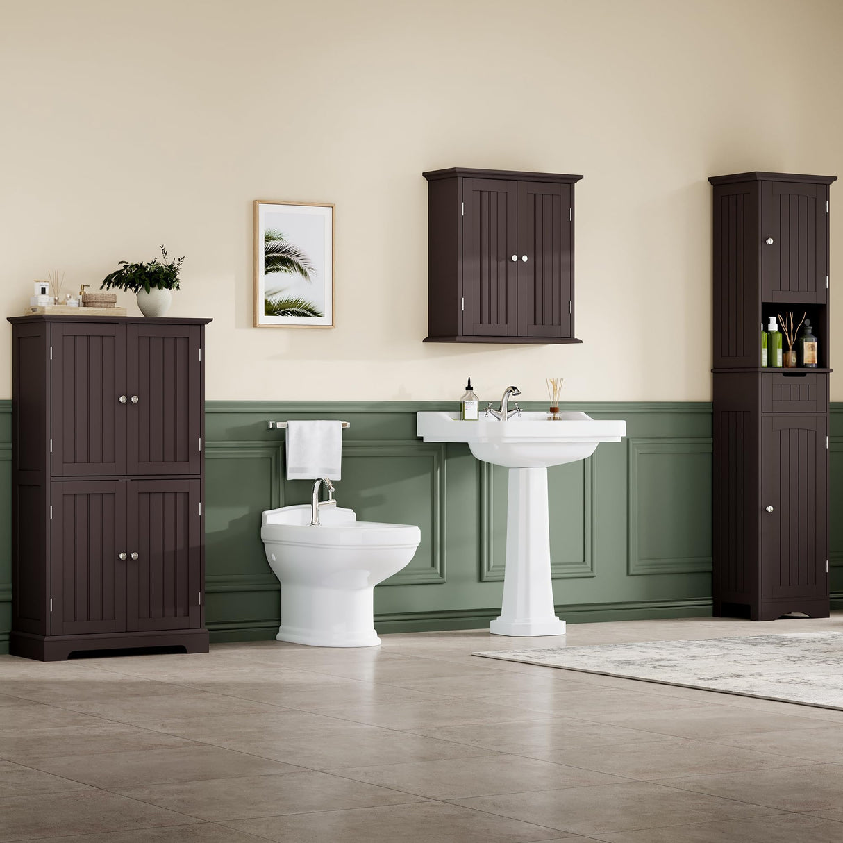 ChooChoo Bathroom Floor Cabinet, Modern Bathroom Storage Cabinet with 4 Doors and Adjustable Shelves, Freestanding Cupboard for Living Room, Espresso ChooChoo