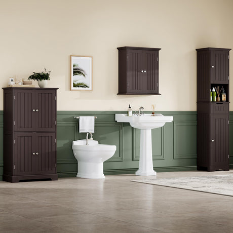 ChooChoo Bathroom Floor Cabinet, Modern Bathroom Storage Cabinet with 4 Doors and Adjustable Shelves, Freestanding Cupboard for Living Room, Espresso ChooChoo
