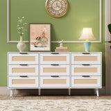 UEV Rattan 9 Drawer Triple Dresser for Bedroom,63" White Dresser TV Stand for TVs up to 75",Wide Chest of Drawers,Large Storage Long Dresser with Modern Rattan Drawers for Living Room UEV