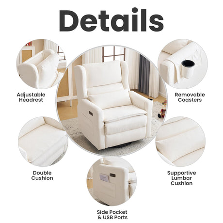 RUTOX Oversized Swivel Rocker Recliner with Adjustable Headrest, 26" Extra Wide Glider Recliner Nursery Chair with Double Cushion, Chenille Glider Rocking Chair for Living Room,Cup Holder,White RUTOX