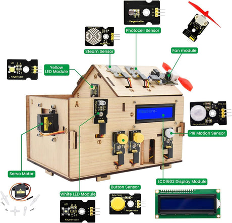 KEYESTUDIO Smart Home Starter Kit for Arduino for Uno R3, Electronics Home Automation Coding Kit, Wooden House DIY Sensor Kit STEM Set for Adults Teens 15+ KEYESTUDIO